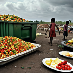 **Image Prompt 1: The stark contrast of global food waste and hunger.**
    A poignant visual depicting two contrasting scenes. On one side, an overflowing dumpster filled with perfectly edible food items like fruits, vegetables, and cooked meals, with wasted resources (water, energy, land) implied in the background. On the other side, a group of malnourished children with hopeful but empty plates, symbolizing global food insecurity. The overall tone is somber, highlighting the ethical dilemma and environmental burden. Style: Realistic, high contrast lighting, emotive.