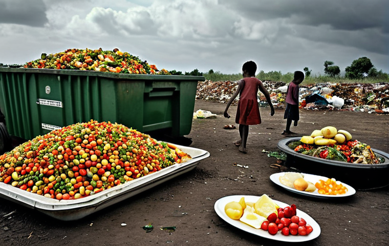 **Image Prompt 1: The stark contrast of global food waste and hunger.**
A poignant visual depicting two contrasting scenes. On one side, an overflowing dumpster filled with perfectly edible food items like fruits, vegetables, and cooked meals, with wasted resources (water, energy, land) implied in the background. On the other side, a group of malnourished children with hopeful but empty plates, symbolizing global food insecurity. The overall tone is somber, highlighting the ethical dilemma and environmental burden. Style: Realistic, high contrast lighting, emotive.