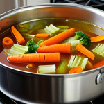**Vibrant vegetable broth simmering on a stove, showcasing colorful veggie scraps (carrot peels, onion ends, celery trimmings) transforming into a flavorful stock.**
