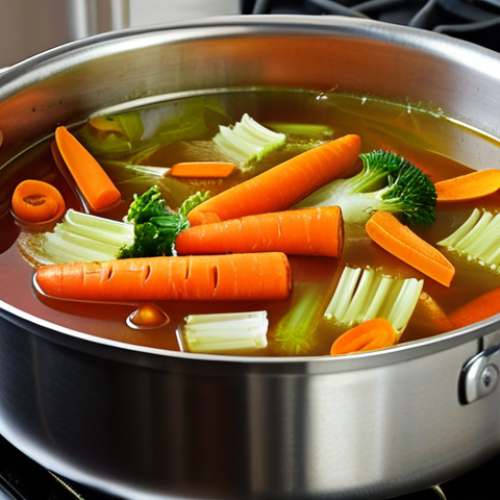 Home 15 **Vibrant vegetable broth simmering on a stove, showcasing colorful veggie scraps (carrot peels, onion ends, celery trimmings) transforming into a flavorful stock.**