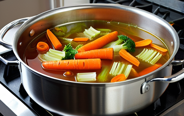 **Vibrant vegetable broth simmering on a stove, showcasing colorful veggie scraps (carrot peels, onion ends, celery trimmings) transforming into a flavorful stock.**