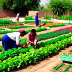 **A vibrant, colorful community garden scene in Pakistan, with families tending to rows of vegetables. Include a sign in Urdu promoting local food production.**