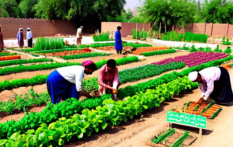 **A vibrant, colorful community garden scene in Pakistan, with families tending to rows of vegetables. Include a sign in Urdu promoting local food production.**