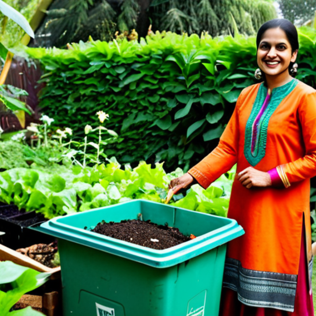 **

"A family-friendly scene depicting a woman in a modest, colorful salwar kameez, smiling and holding a compost bin in a lush green garden.  Vegetable scraps are visible in the bin.  The garden is filled with healthy plants.  The image should convey a sense of sustainability and home gardening.  Fully clothed, appropriate attire, safe for work, perfect anatomy, natural proportions, professional photography, high quality, environmental awareness, modest clothing."

**
