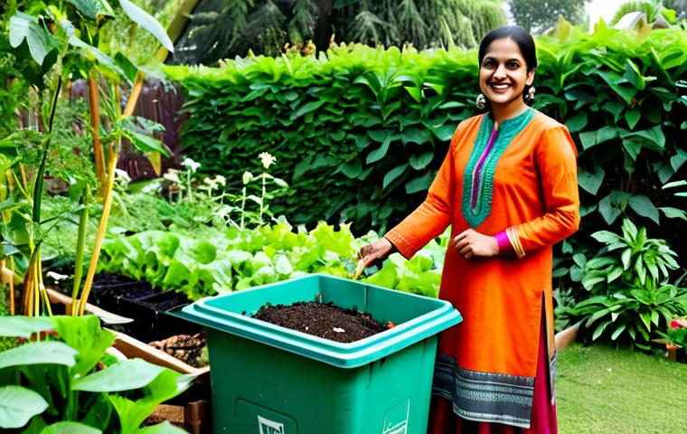 **

"A family-friendly scene depicting a woman in a modest, colorful salwar kameez, smiling and holding a compost bin in a lush green garden.  Vegetable scraps are visible in the bin.  The garden is filled with healthy plants.  The image should convey a sense of sustainability and home gardening.  Fully clothed, appropriate attire, safe for work, perfect anatomy, natural proportions, professional photography, high quality, environmental awareness, modest clothing."

**