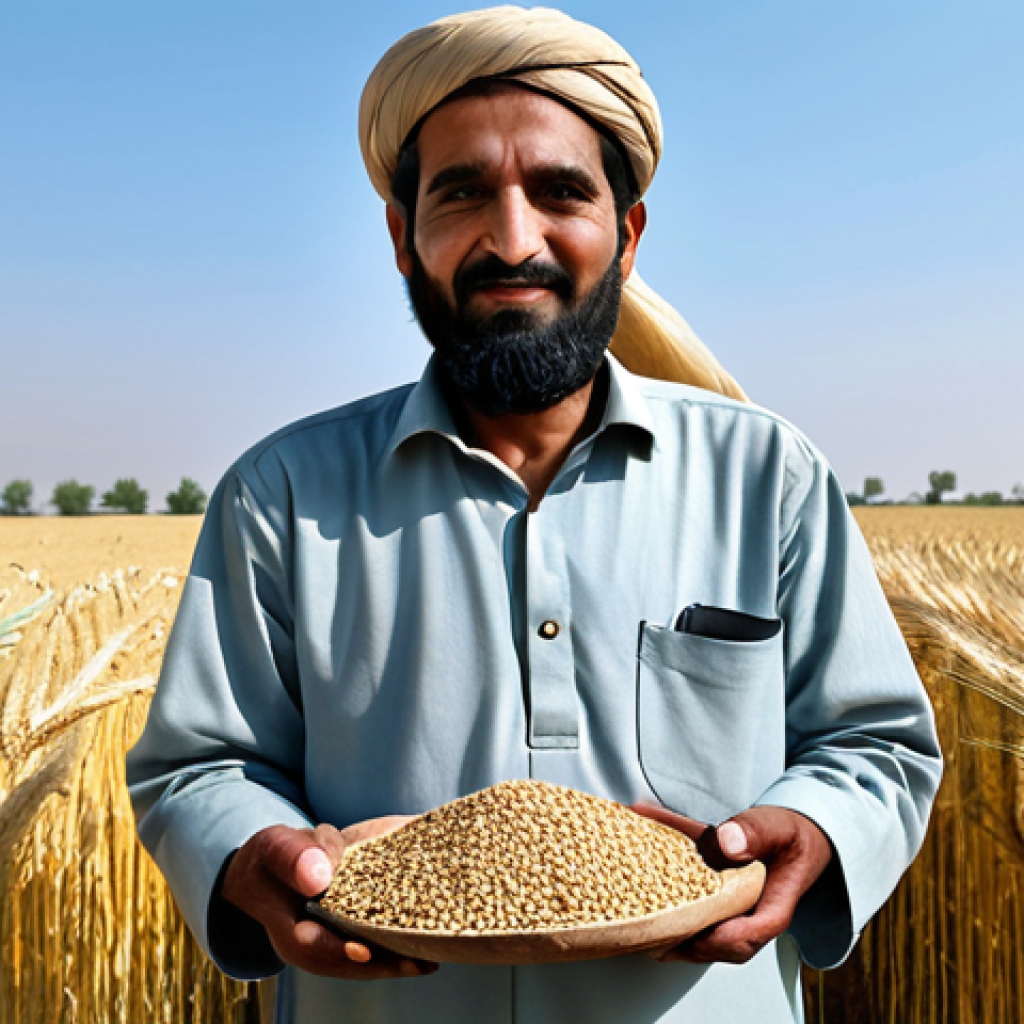 **

A Pakistani farmer standing proudly in a wheat field, holding a handful of grain. He is wearing traditional clothing. The field stretches to the horizon under a clear blue sky. Include the words "Food Waste Awareness" in Urdu script in the sky. Safe for work, appropriate content, fully clothed, professional, modest, family-friendly, perfect anatomy, natural proportions.

**
