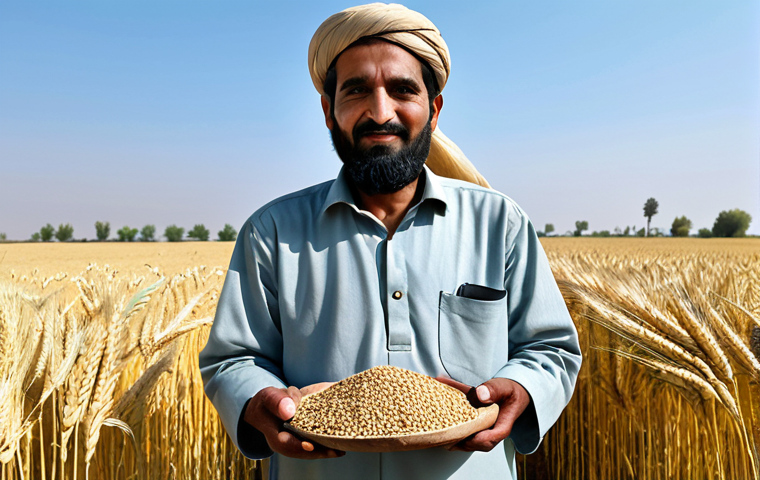 **

A Pakistani farmer standing proudly in a wheat field, holding a handful of grain. He is wearing traditional clothing. The field stretches to the horizon under a clear blue sky. Include the words "Food Waste Awareness" in Urdu script in the sky. Safe for work, appropriate content, fully clothed, professional, modest, family-friendly, perfect anatomy, natural proportions.

**