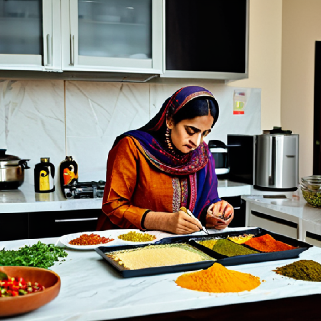 음식물 쓰레기 줄이기 위한 대체 식품 - **Prompt:** A vibrant, bustling Pakistani kitchen scene, a woman in a salwar kameez thoughtfully pla...