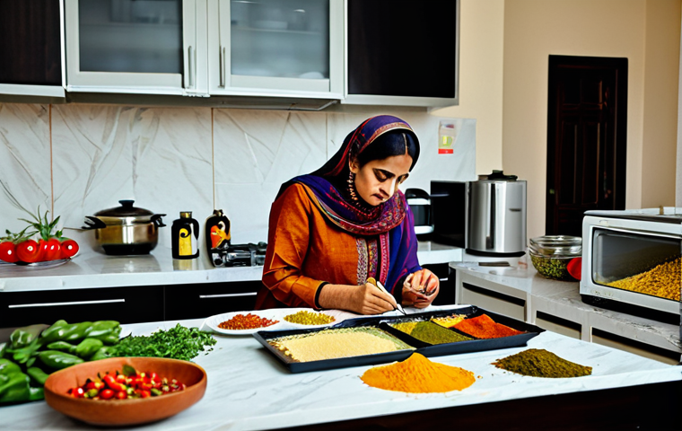 음식물 쓰레기 줄이기 위한 대체 식품 - **Prompt:** A vibrant, bustling Pakistani kitchen scene, a woman in a salwar kameez thoughtfully pla...