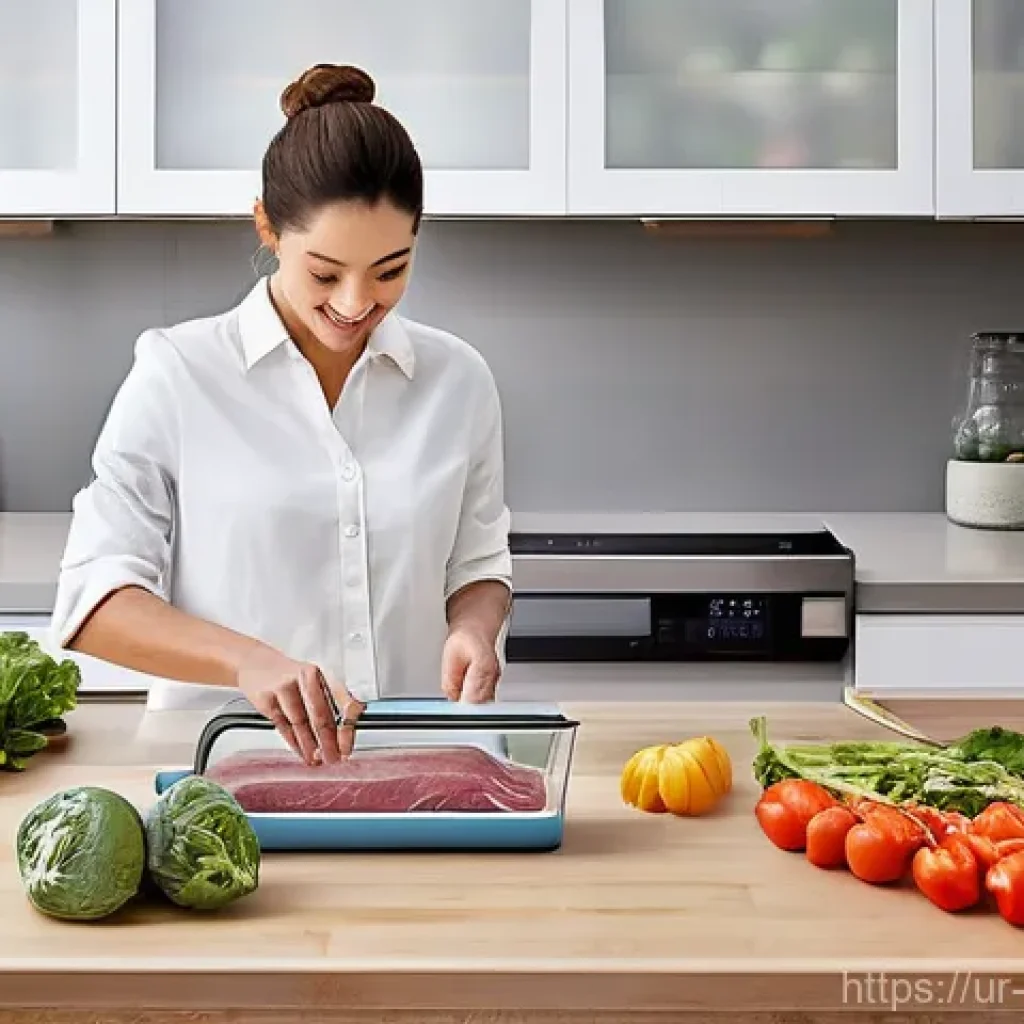 음식물 쓰레기 줄이기를 위한 포장 전략 - **Prompt:** A clean, modern kitchen bathed in soft, natural light. A person, dressed in casual, comf...