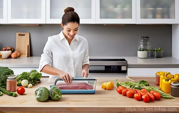 음식물 쓰레기 줄이기를 위한 포장 전략 - **Prompt:** A clean, modern kitchen bathed in soft, natural light. A person, dressed in casual, comf...