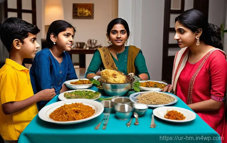 음식물 쓰레기 관리의 사회적 책임 - **Prompt: "A serene indoor scene featuring a South Asian family of four (two adults, two children, a...