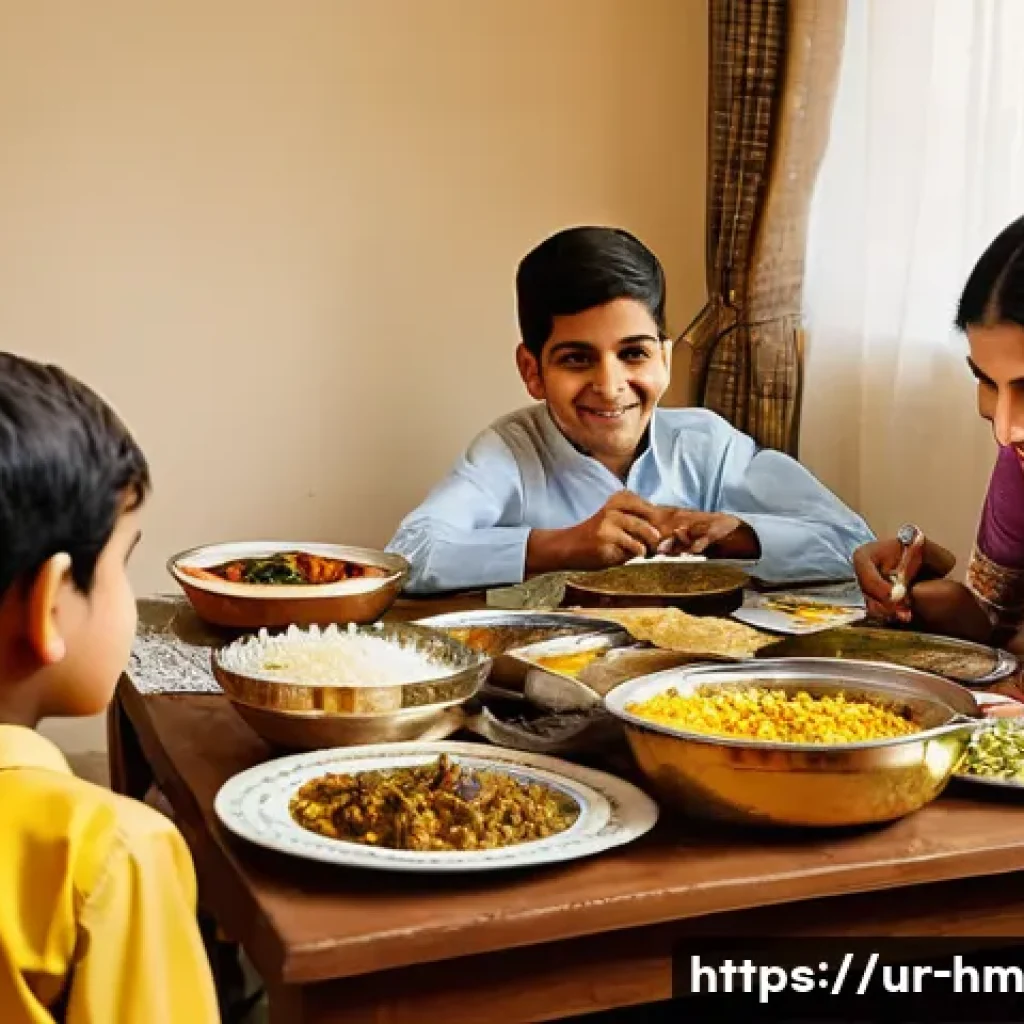 음식물 쓰레기 절감을 위한 캠페인 참여하기 - **A Pakistani family at a dinner table, demonstrating mindful eating and portion control.**
    Prom...