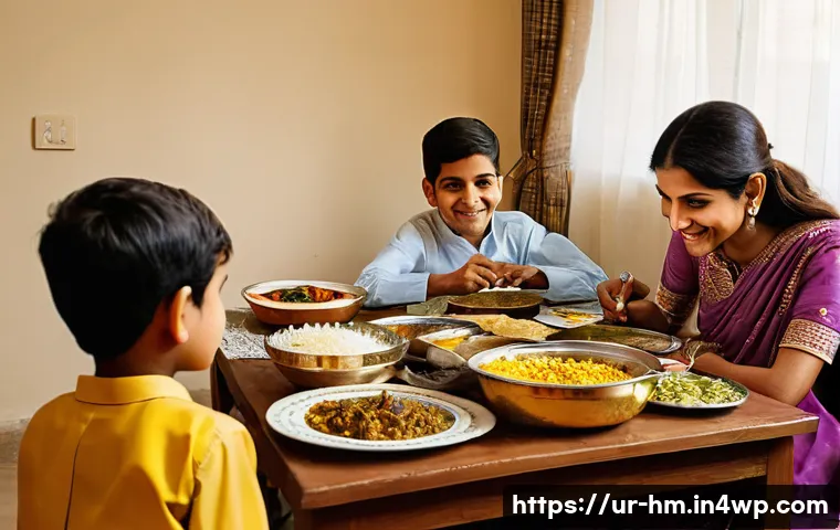 음식물 쓰레기 절감을 위한 캠페인 참여하기 - **A Pakistani family at a dinner table, demonstrating mindful eating and portion control.**
    Prom...