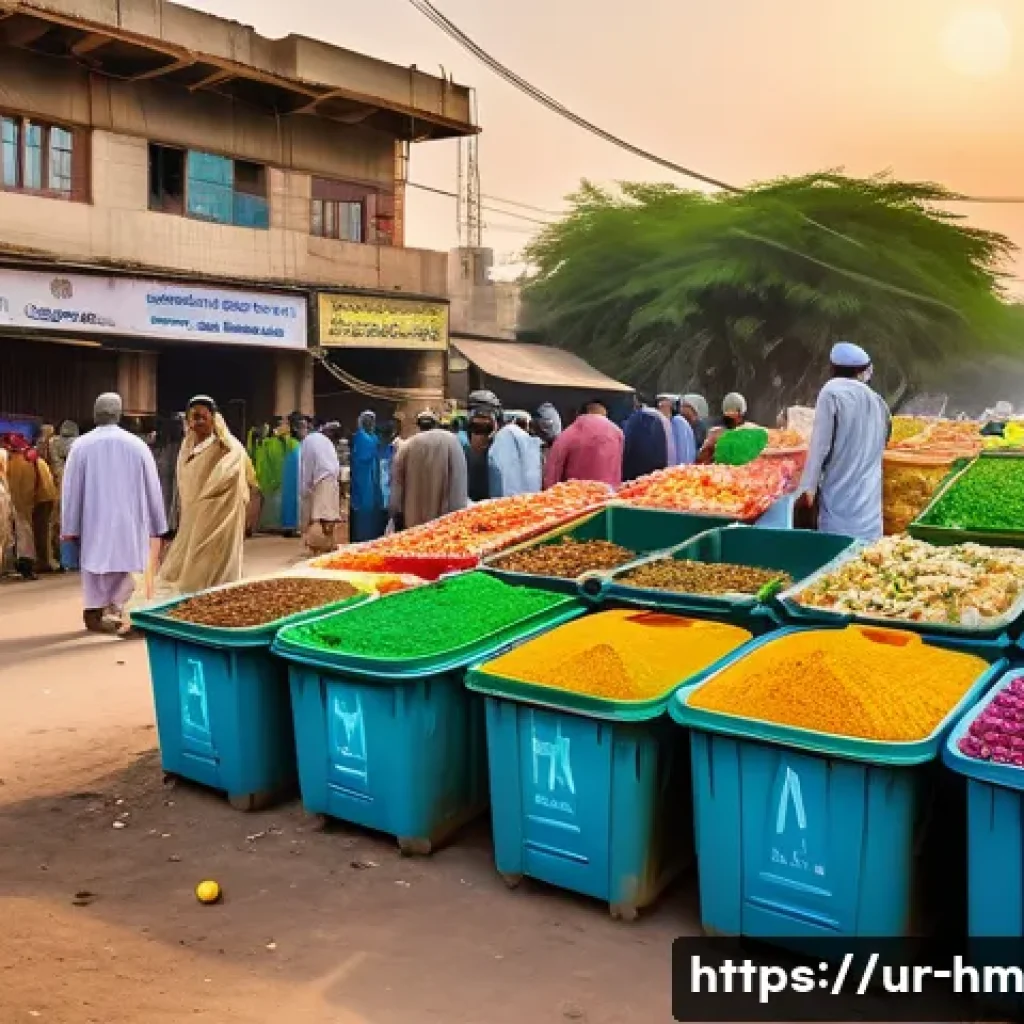 음식물 쓰레기 문제 해결을 위한 공공기관 협력 - A vibrant urban scene in Karachi showing municipal workers in traditional Pakistani attire managing ...