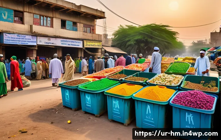음식물 쓰레기 문제 해결을 위한 공공기관 협력 - A vibrant urban scene in Karachi showing municipal workers in traditional Pakistani attire managing ...