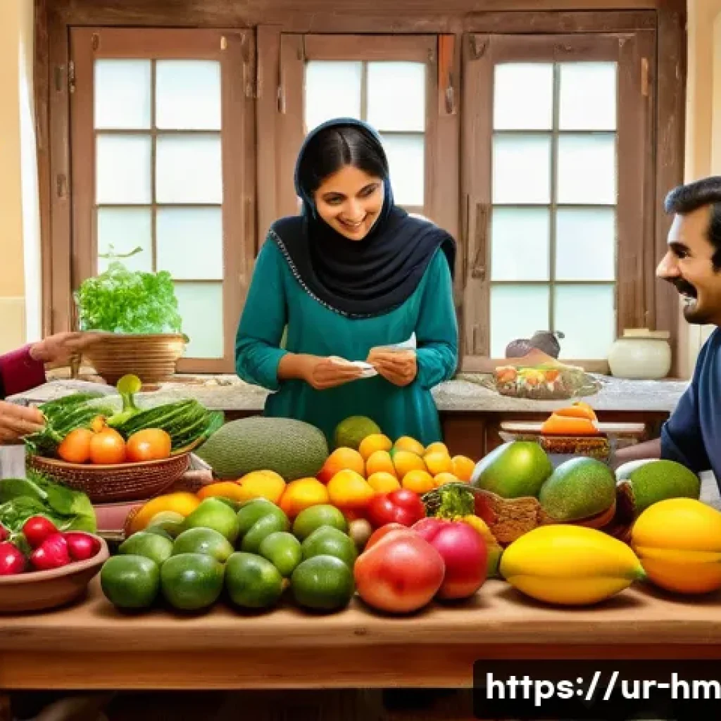 음식물 쓰레기 절감 교육을 위한 커리큘럼 개발 - A warm and inviting family kitchen scene in a Pakistani home, showcasing a mother and father plannin...