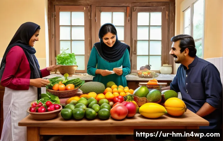 음식물 쓰레기 절감 교육을 위한 커리큘럼 개발 - A warm and inviting family kitchen scene in a Pakistani home, showcasing a mother and father plannin...