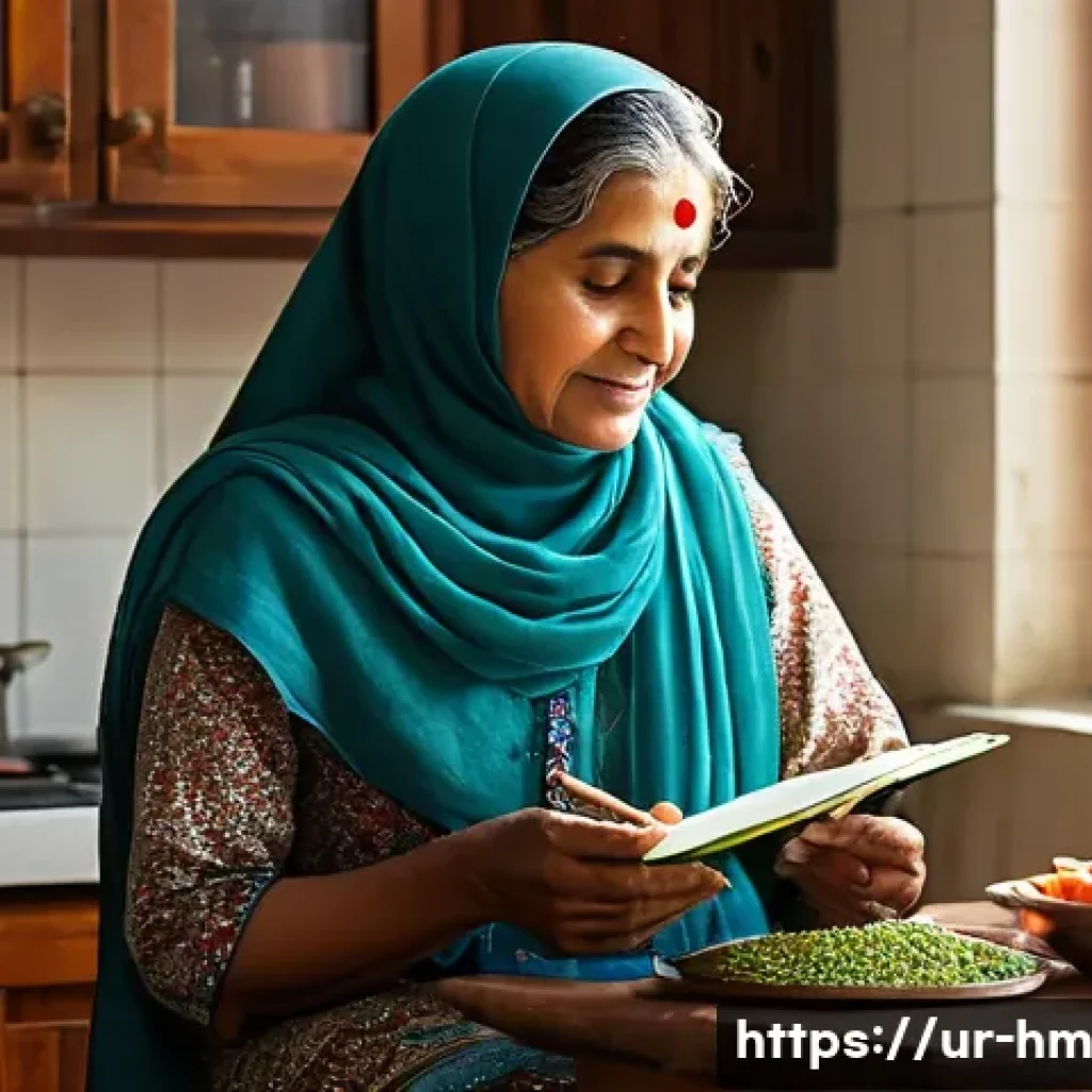 음식물 쓰레기 줄이기를 위한 시민 참여 교육 - A warm, inviting South Asian kitchen scene featuring a middle-aged Urdu-speaking woman carefully pla...