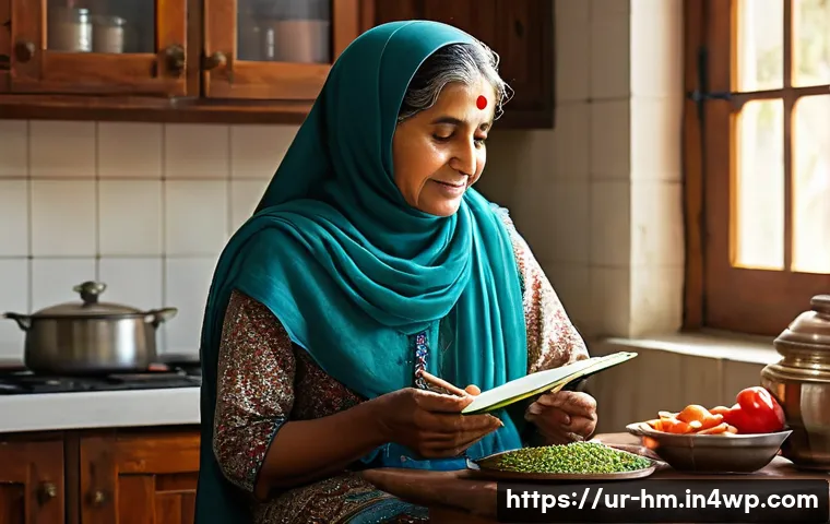 음식물 쓰레기 줄이기를 위한 시민 참여 교육 - A warm, inviting South Asian kitchen scene featuring a middle-aged Urdu-speaking woman carefully pla...