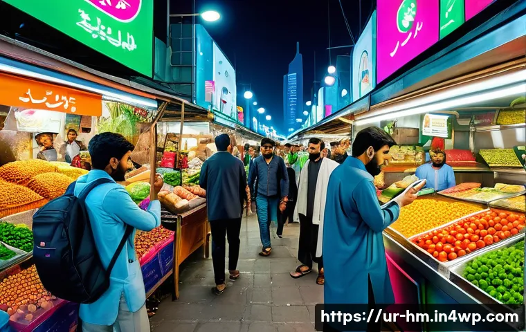 음식물 쓰레기 절감을 위한 음식 공유 플랫폼 - A vibrant urban scene depicting diverse people using mobile food-sharing apps on their smartphones, ...