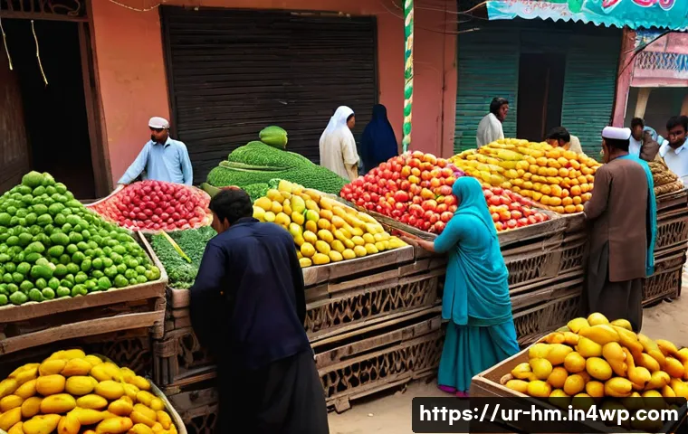 음식물 쓰레기 줄이기를 위한 지속 가능한 식품 선택 - A vibrant local market scene in Pakistan featuring diverse fresh fruits and vegetables arranged neat...