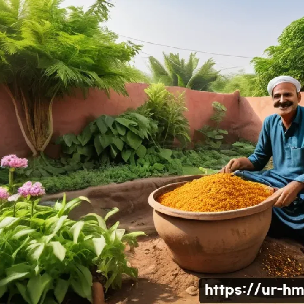 음식물 쓰레기 재활용의 장점 - A vibrant backyard garden scene in a typical Pakistani household setting, showcasing a small compost...