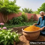 음식물 쓰레기 재활용의 장점 - A vibrant backyard garden scene in a typical Pakistani household setting, showcasing a small compost...