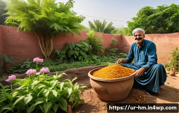 음식물 쓰레기 재활용의 장점 - A vibrant backyard garden scene in a typical Pakistani household setting, showcasing a small compost...