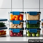 음식물 쓰레기 절감을 위한 유사 제품 비교 - A modern kitchen scene featuring a variety of food storage containers designed to reduce food waste,...