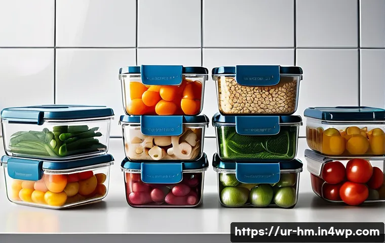 음식물 쓰레기 절감을 위한 유사 제품 비교 - A modern kitchen scene featuring a variety of food storage containers designed to reduce food waste,...
