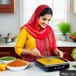 음식물 쓰레기 절감을 위한 바쁜 직장인을 위한 조리법 - A vibrant kitchen scene showcasing a busy Urdu-speaking professional woman in traditional modest att...