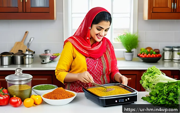 음식물 쓰레기 절감을 위한 바쁜 직장인을 위한 조리법 - A vibrant kitchen scene showcasing a busy Urdu-speaking professional woman in traditional modest att...