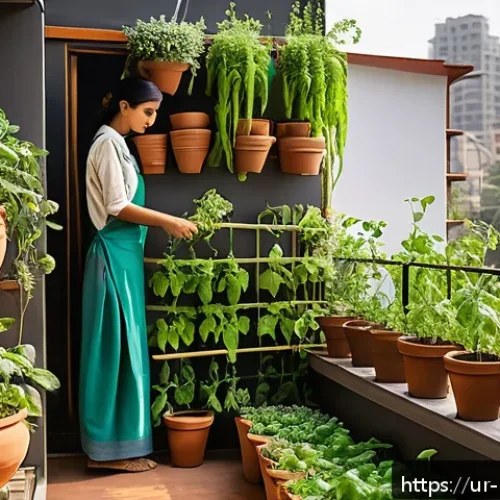 음식물 쓰레기 절감을 위한 원예 및 재배 방법 - A bright and cozy home balcony garden in an urban Pakistani setting, featuring vertical gardening pl...