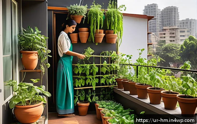 음식물 쓰레기 절감을 위한 원예 및 재배 방법 - A bright and cozy home balcony garden in an urban Pakistani setting, featuring vertical gardening pl...