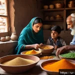 음식물 쓰레기 처리의 환경적 영향 평가 - A vibrant scene of a traditional Pakistani village kitchen with a family carefully planning their we...
