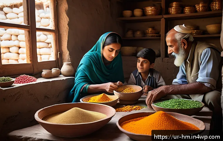 음식물 쓰레기 처리의 환경적 영향 평가 - A vibrant scene of a traditional Pakistani village kitchen with a family carefully planning their we...