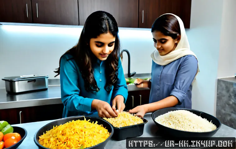 음식물 쓰레기 절감 챌린지 참여하기 - Photorealistic Pakistani family kitchen, a mother and teenage daughter wearing modest everyday cloth...