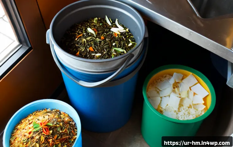 Home 15 음식물 쓰레기 관리의 실수와 해결책 - Photorealistic Pakistani home kitchen, a clear side-by-side food waste sorting scene: on one side, a...
